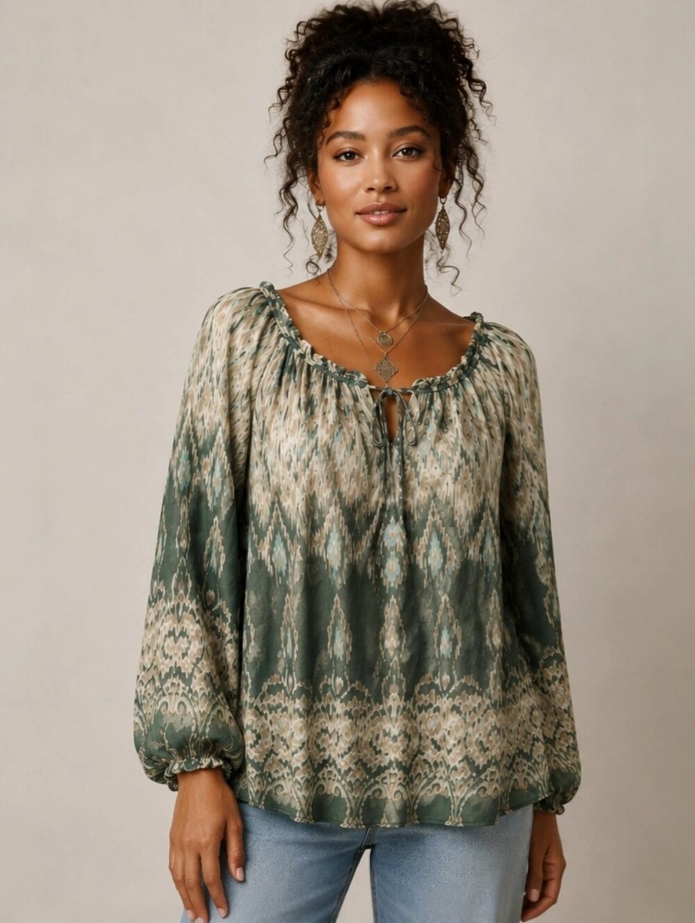 Willi Smith Women's Long Sleeve Boho Ikat Peasant Blouse Size Large Green